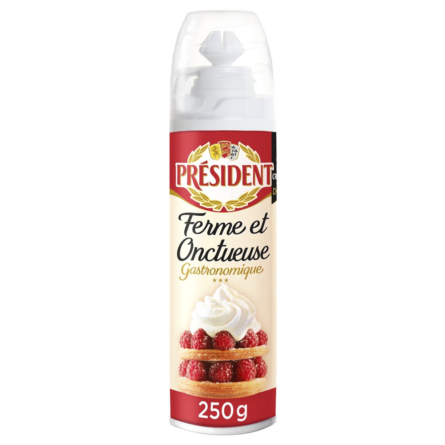 Crème légère UHT sous pression PRÉSIDENT, 28%MG, aérosol de 250g