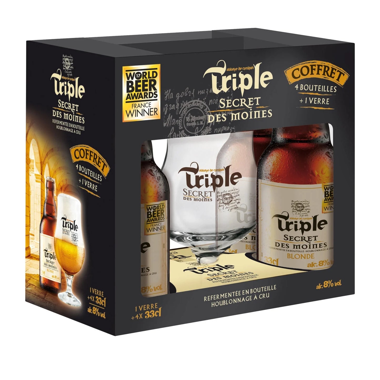 COFFRET TRIPLE SECRET DES MOINES ALC8 VOL DE 4X33CL + 1 VERRE