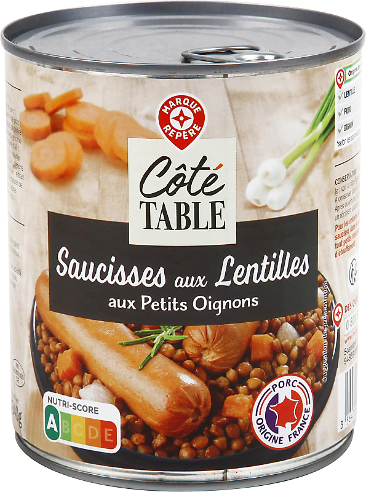 COTE TABLE SAUCISSES AUX LENTILLES AUX PETITS OIGNONS DE 840GR