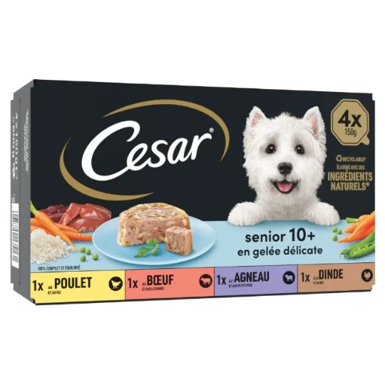 CESAR SENIOR 10+ EN GELEE POULET BOEUF LAGNEAU DINDE DE 4X150GR