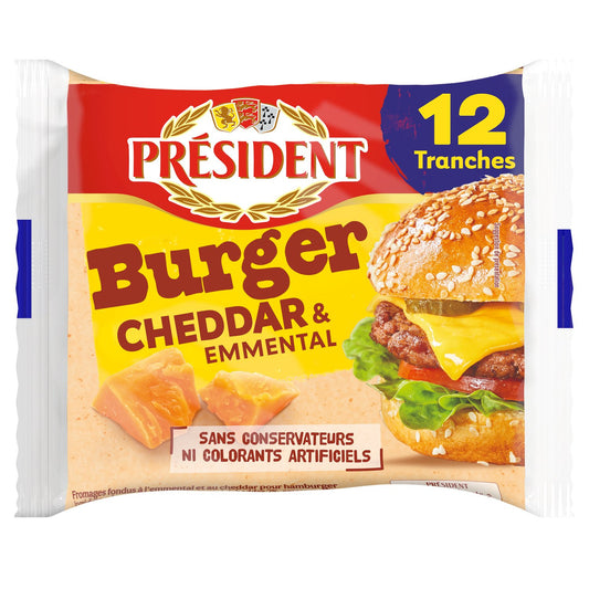 Fromage Burger cheddar/emmental Président - 12 tranches - 200g