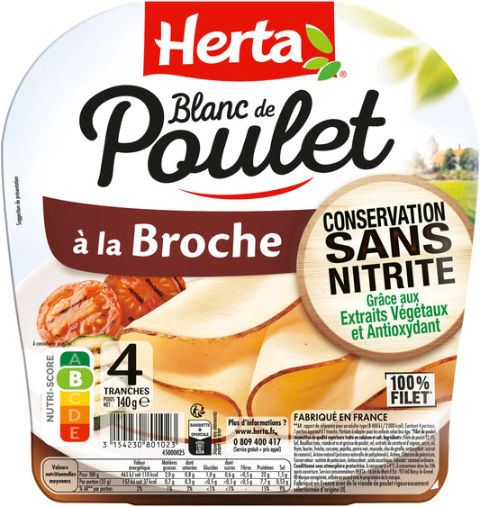 Blanc de poulet broche Herta Sans nitrite 4 tranches - 140g