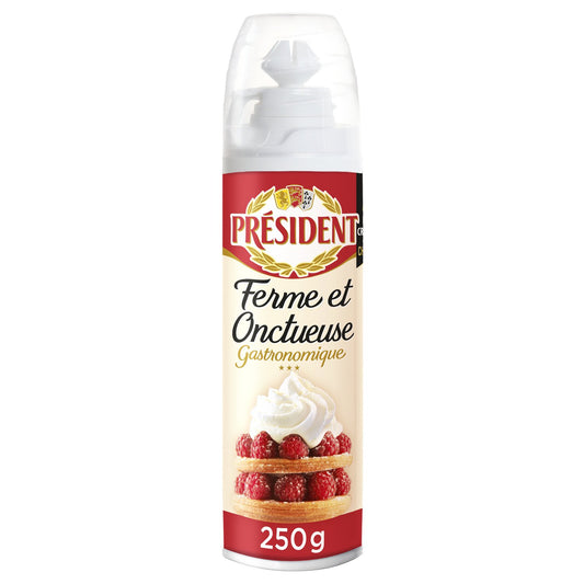 Crème légère UHT sous pression PRÉSIDENT, 28%MG, aérosol de 250g