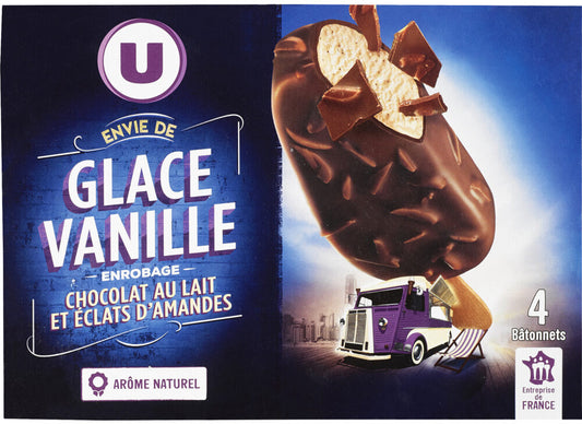 U ENVIE DE GLACE VANILLE ENROBAGE DE  CHOCO LAIT  ET ECLAT D AMANDE DE 263 GR