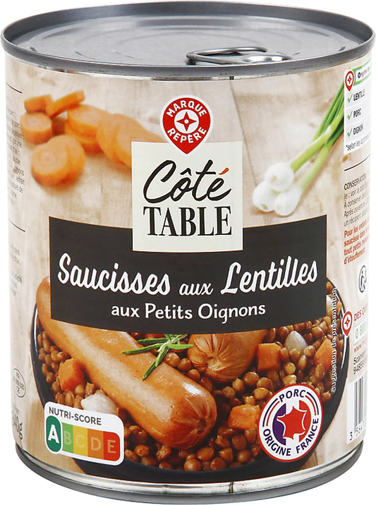 COTE TABLE SAUCISSES AUX LENTILLES AUX PETITS OIGNONS  DE 840GR